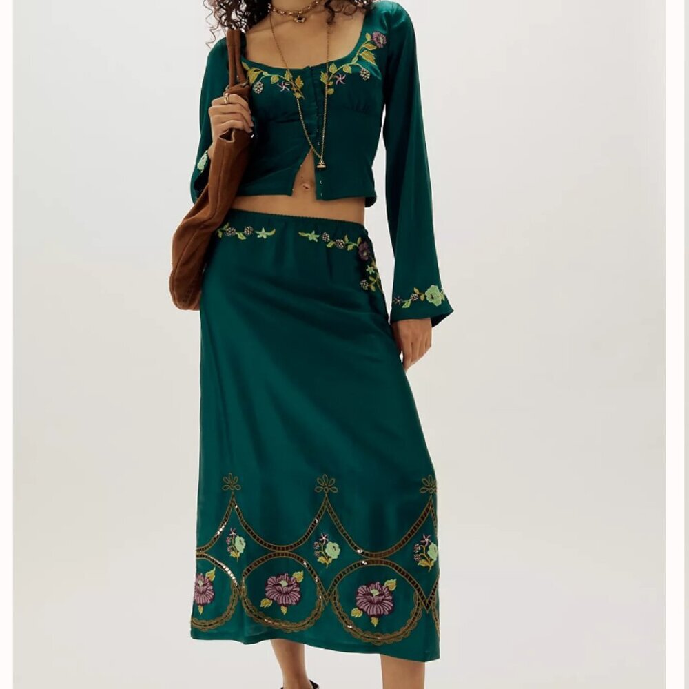 Nwt Free People Autumn Bloom Midi Skirt Set In Forest Combo